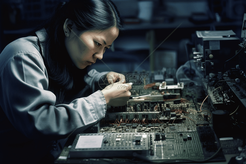 组装电子元件的工人图片