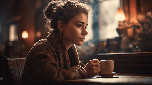 女孩坐在的咖啡馆背景图片