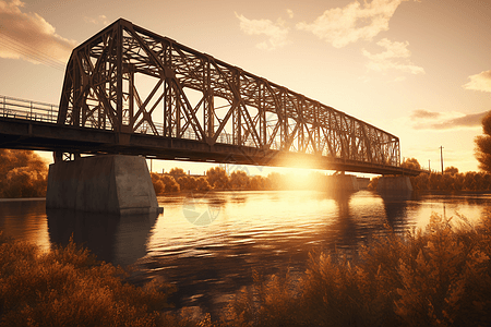 日落的钢桥图片