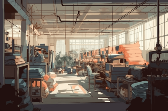 工业缝纫机和织物堆图片