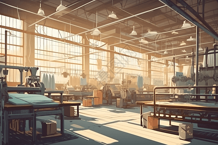 工业缝纫机和织物堆工厂内部图片