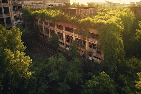 鸟瞰工厂废弃工厂杂草丛生的植物背景