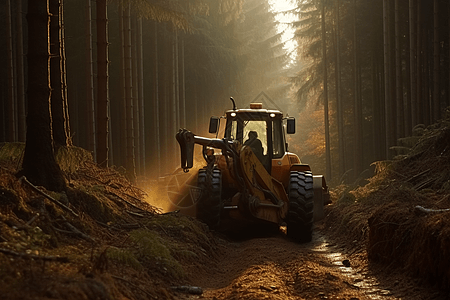 森林里伐木的机械图片