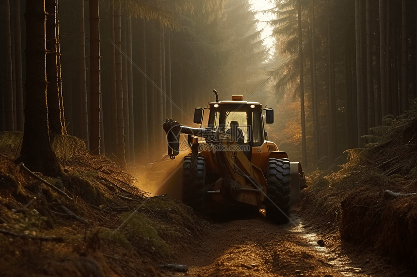 森林里伐木的机械图片