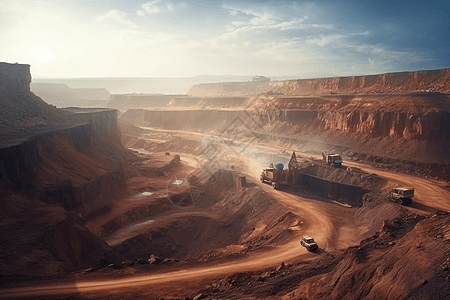 铁矿大量的挖掘设备和卡车背景图片