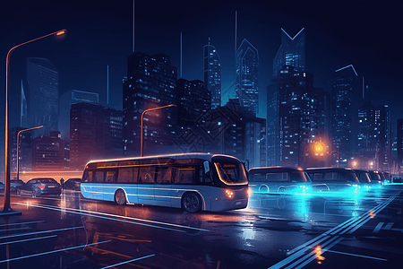 夜晚城市中的新能源汽车图片