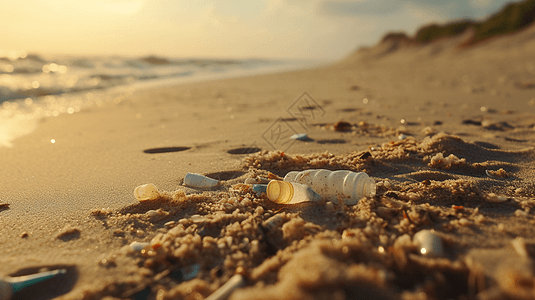 海滩上的矿泉水瓶图片