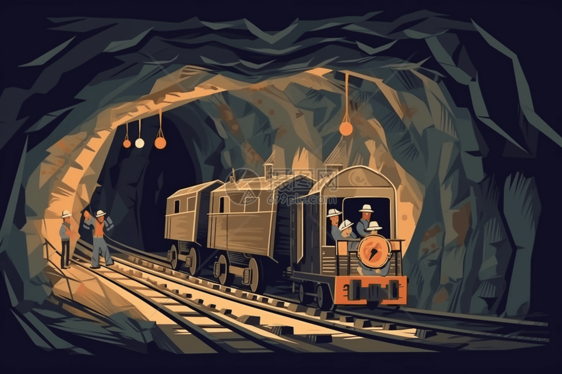 地下隧道矿工使用手推车将矿物运出矿井平面插图图片