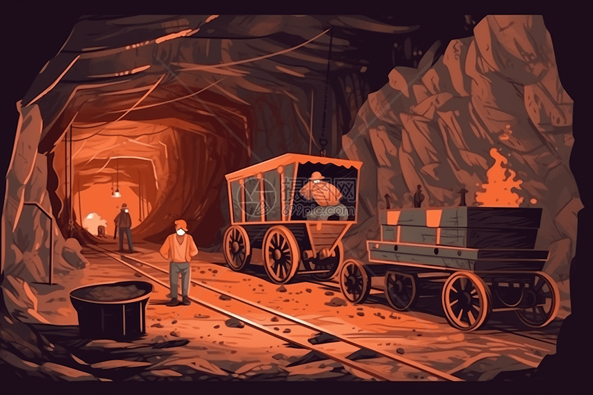 矿工使用手推车将矿物运出图片