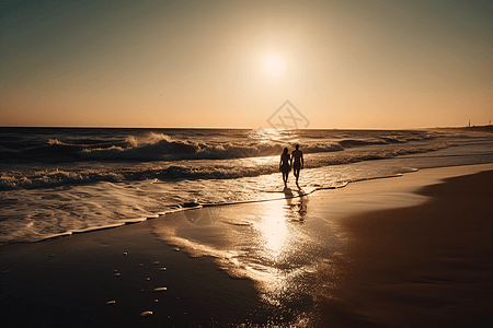 日落海边散步的情侣图片