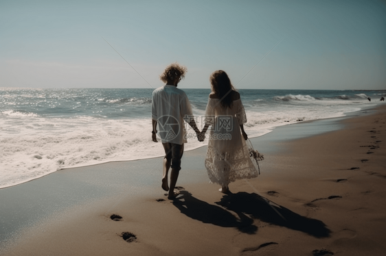 一对夫妇牵着手走在沙滩上图片
