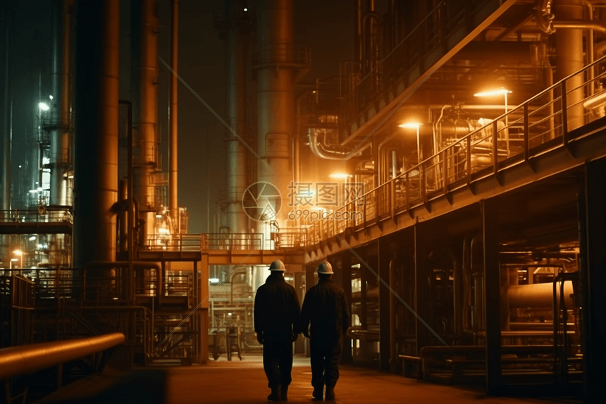 炼油厂工人走在工厂里图片