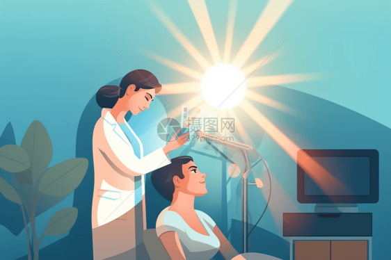 皮肤科医生在明亮的光线下检查患者的头部皮肤图片