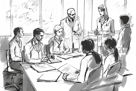 一群医学生在教室里相互探讨的铅笔画素描背景图片
