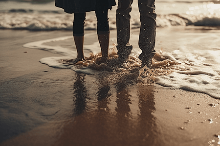 一对夫妇的脚站在潮湿的沙滩图片