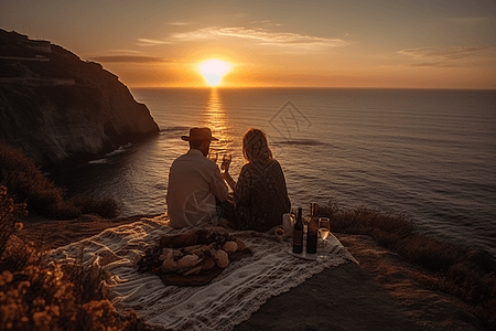 海边情侣情侣看着海洋上的日落背景