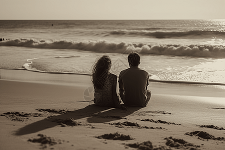 一对恋人看着海浪冲向岸边图片