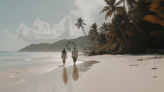 夫妇手拉手走在白色的沙滩上图片