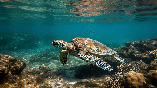 海龟在清澈的水中游泳，水面下可见和其他海洋生物。，高清背景图片