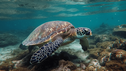 海龟在清澈的大海中背景图片