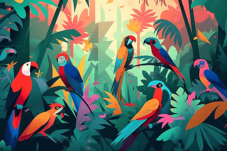 五颜六色的丛林中的鹦鹉图片