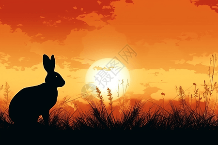 草地上兔子的剪影背景图片