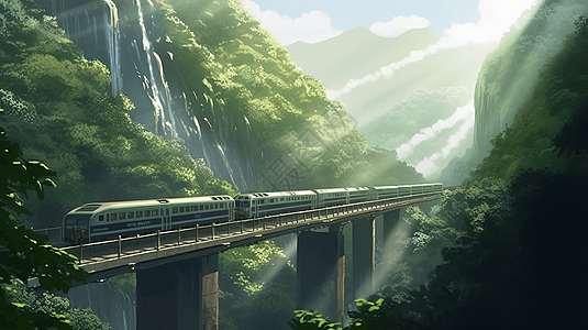 翠绿的森林中弯曲的铁路图片