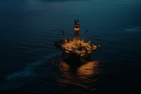 海上石油钻井平台日出时的景象图片