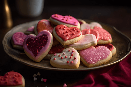 带有粉红色和红色糖衣心形糖饼干图片