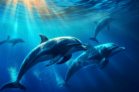海豚在蓝色海洋中背景图片