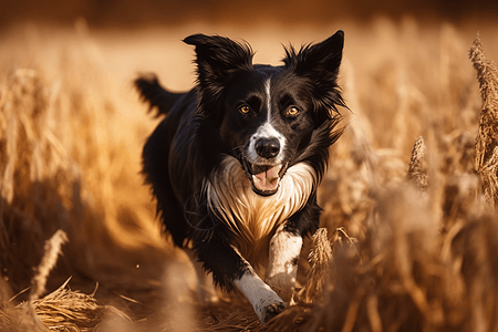 边境牧羊犬在田野中奔跑图片