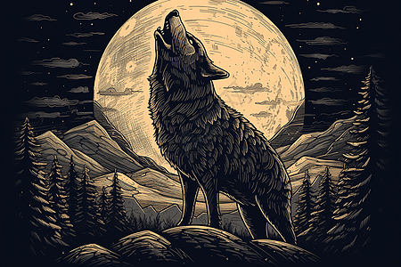 一只狼在月球上嚎叫图片