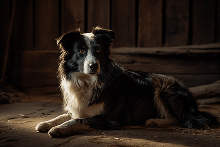 乡村谷仓的牧羊犬图片