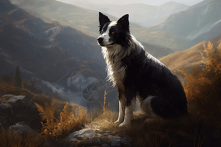 宠物插画边境牧羊犬在郊外的山上背景