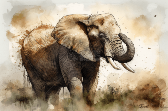 非洲平原的大象水彩画图片
