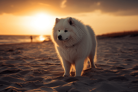 日落在海滩上玩耍的萨摩耶图片