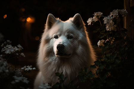 夜间花园中的萨摩耶犬图片
