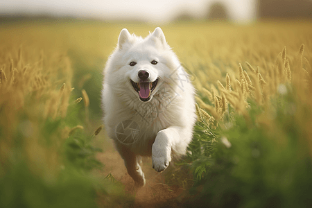 田野奔跑奔跑在田野上的萨摩耶犬背景