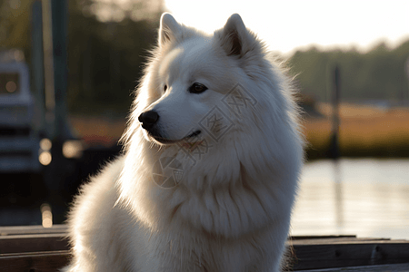 坐在码头上的萨摩耶犬图片