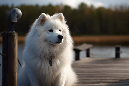 码头上的萨摩耶犬图片