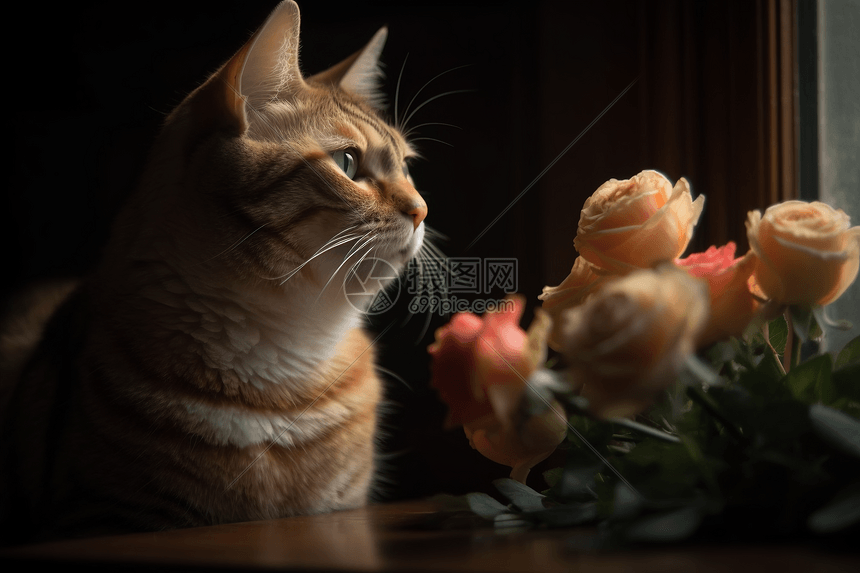 可爱的猫咪和鲜花图片