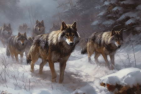 雪中凶猛而危险的狼群图片