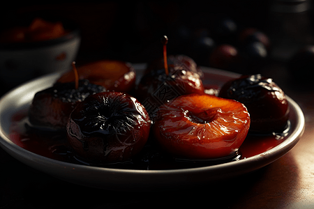 焦糖水果: 放在盘子上的烤或焦糖水果的特写视图。水果从热量和酱汁中闪闪发光，深色阴影增加了深度。图片