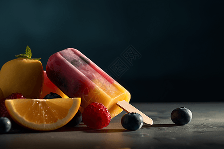 水果冰棍: 特写镜头，简约背景，柔和的灯光，鲜艳的色彩。图片