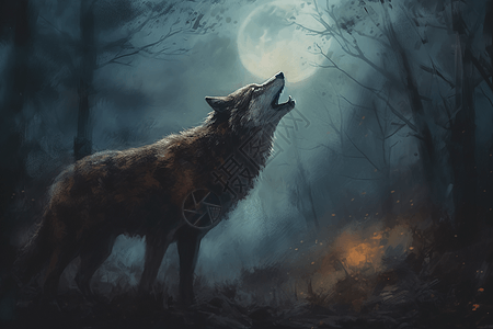 野狼在森林中嚎叫的插画图片