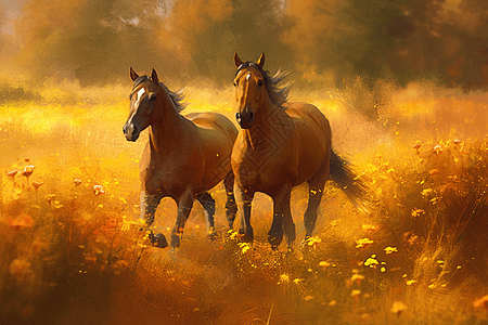 草地奔跑的马和鲜花图片