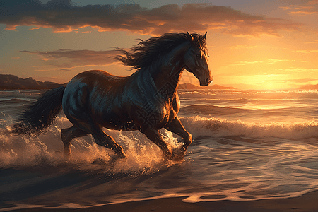 马在海滩上奔跑图片