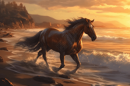 一匹马在海滩上奔跑图片