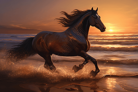 日落时一匹马在海滩上奔跑图片