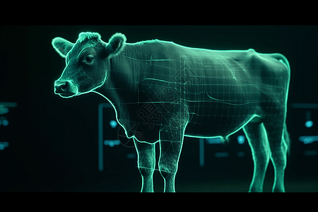 牲畜生物识别: 低角度; 在牲畜中收集的生物识别数据视图; 逼真的风格; 温暖的照明，4K图片